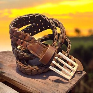 Brown braided leather belt silver buckle 32” nwot